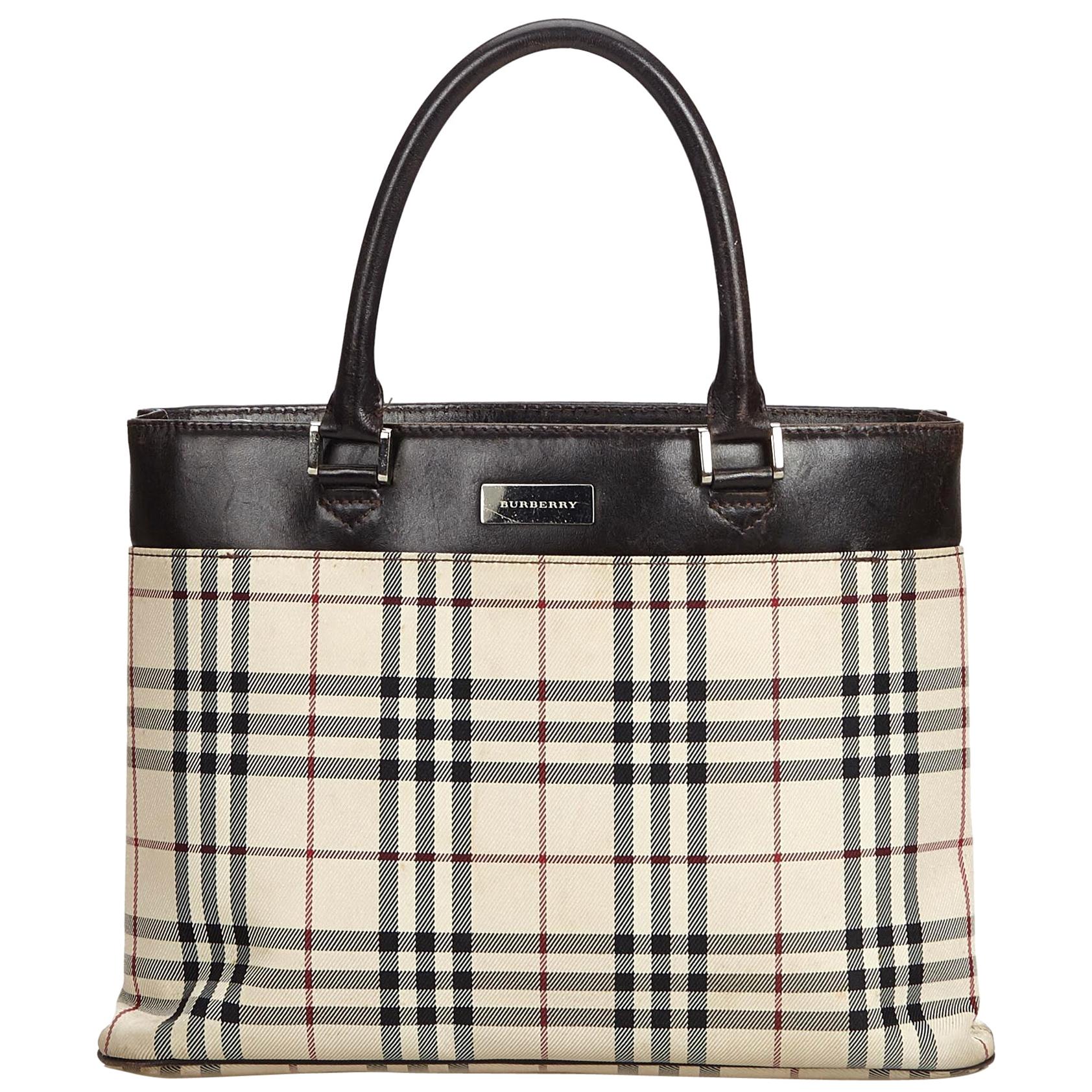 Vintage Authentic Burberry Brown Plaid Tote United Kingdom LARGE  For Sale
