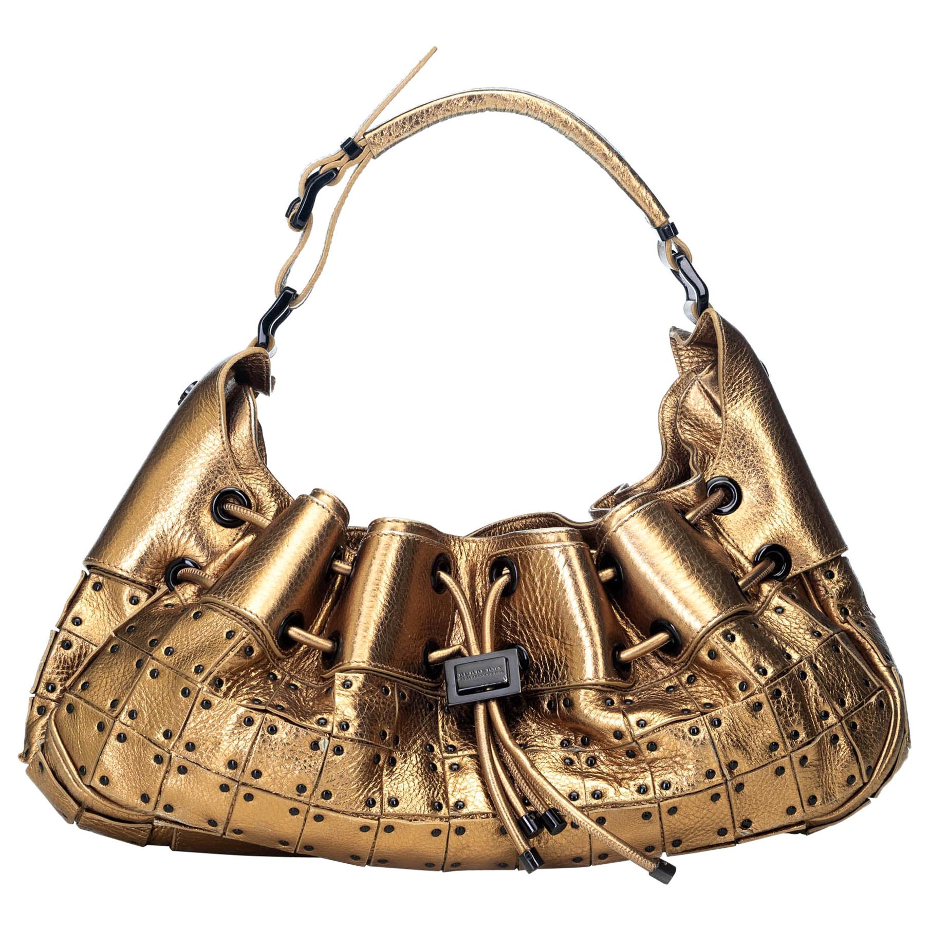 Vintage Authentic Burberry Gold Leather Metallic Warrior Hobo Italy w LARGE