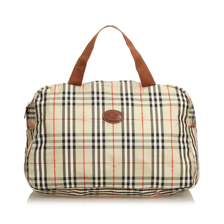 antique leather luggage for sale Vintage Authentic Burberry Plaid Leather Trimmed Duffle Bag LARGE For Sale at 1stdibs
