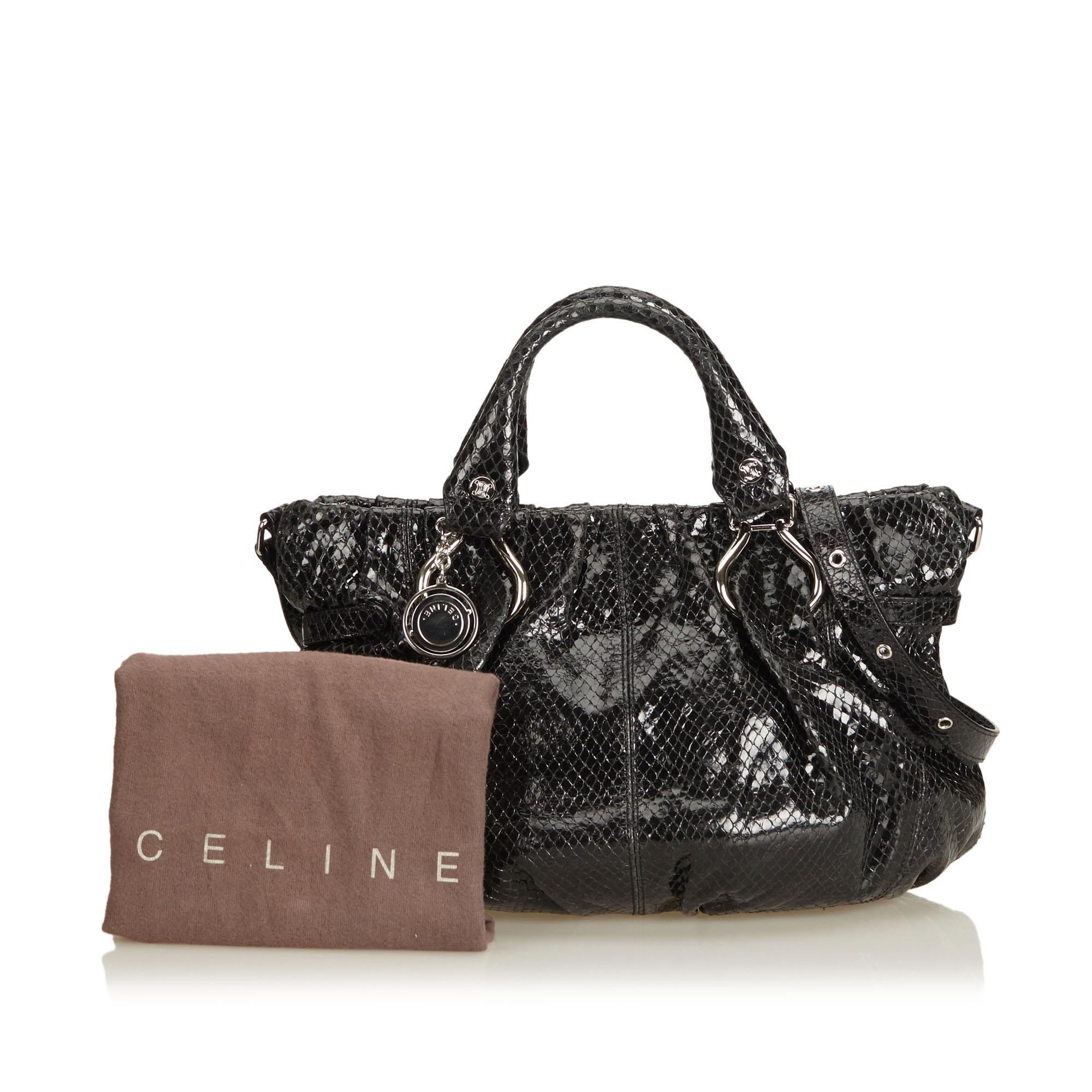 Vintage Authentic Celine Black Embossed Satchel France w Dust Bag LARGE  For Sale 5
