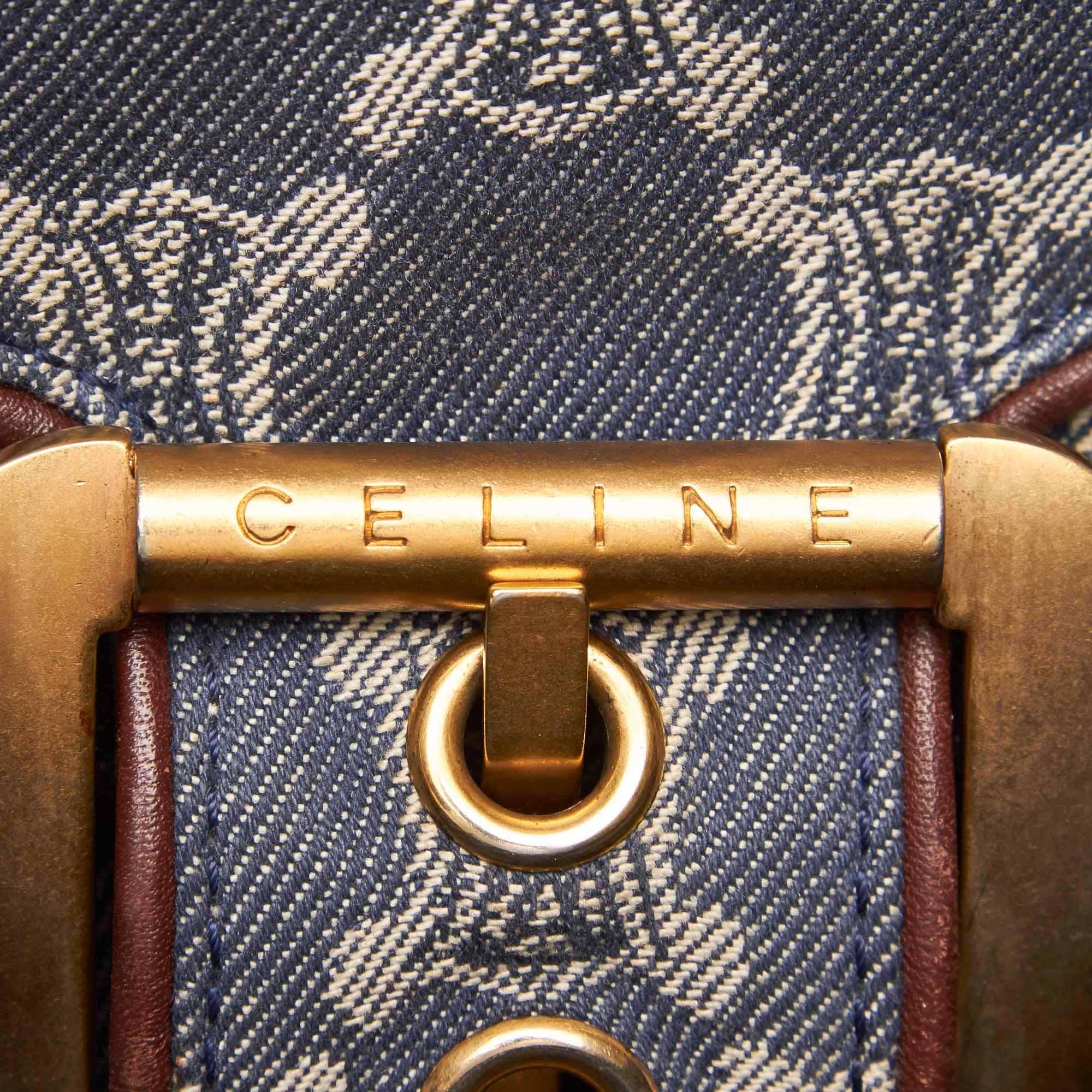 Vintage Authentic Celine Blue Fabric Macadam Shoulder Bag France LARGE  For Sale 5