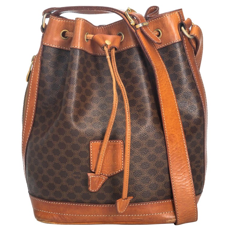 Vintage Authentic Celine Brown Macadam Drawstring Bucket Bag France