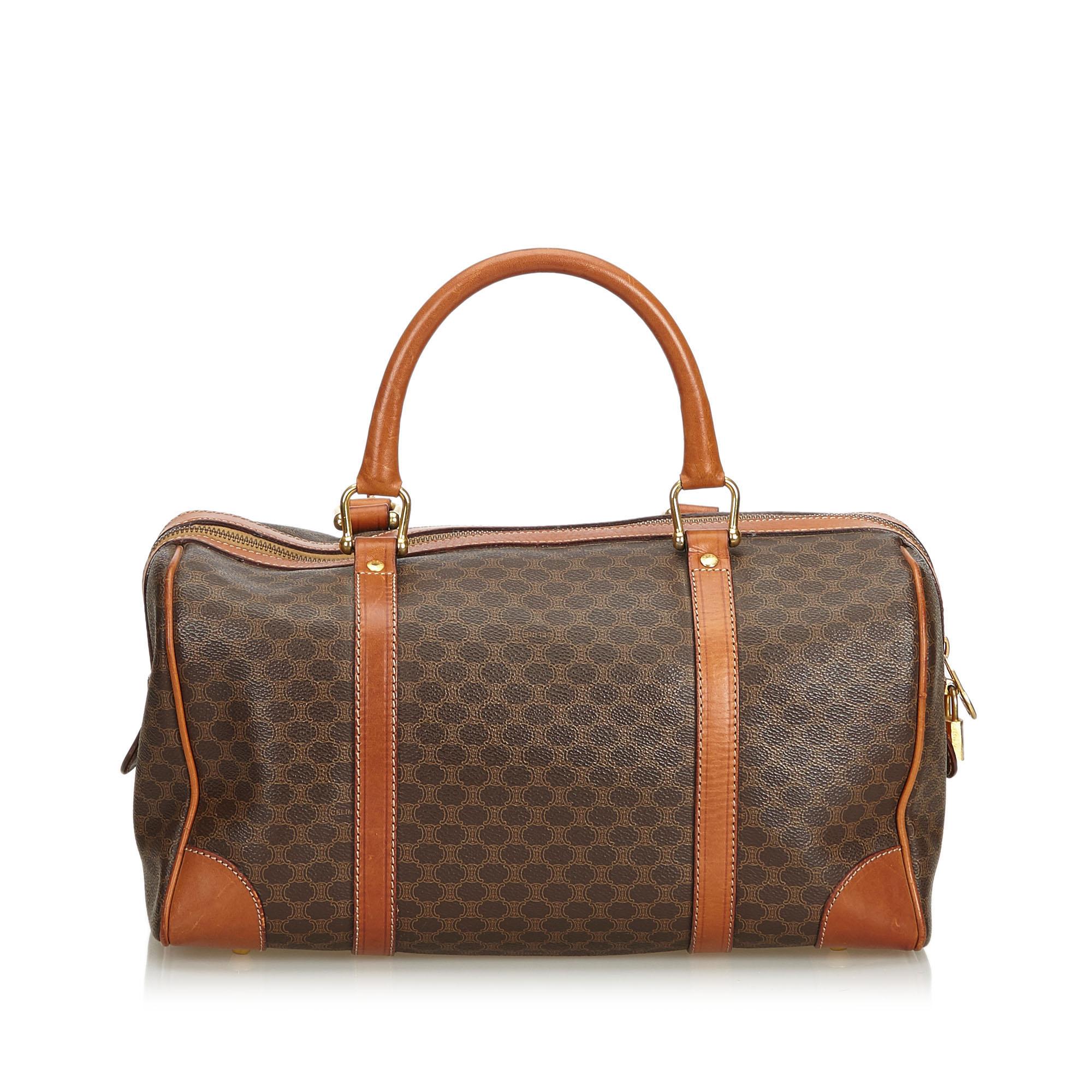 Vintage Authentic Celine Brown PVC Plastic Macadam Boston Bag France MEDIUM In Good Condition In Orlando, FL