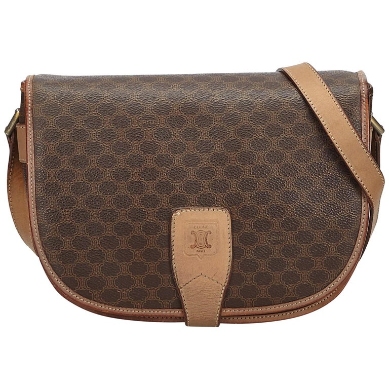 Vintage Authentic Celine Brown PVC Plastic Macadam Crossbody Bag Italy