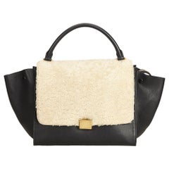 Vintage Authentic Celine Leather Shearling Trapeze Satchel w Dust Bag LARGE