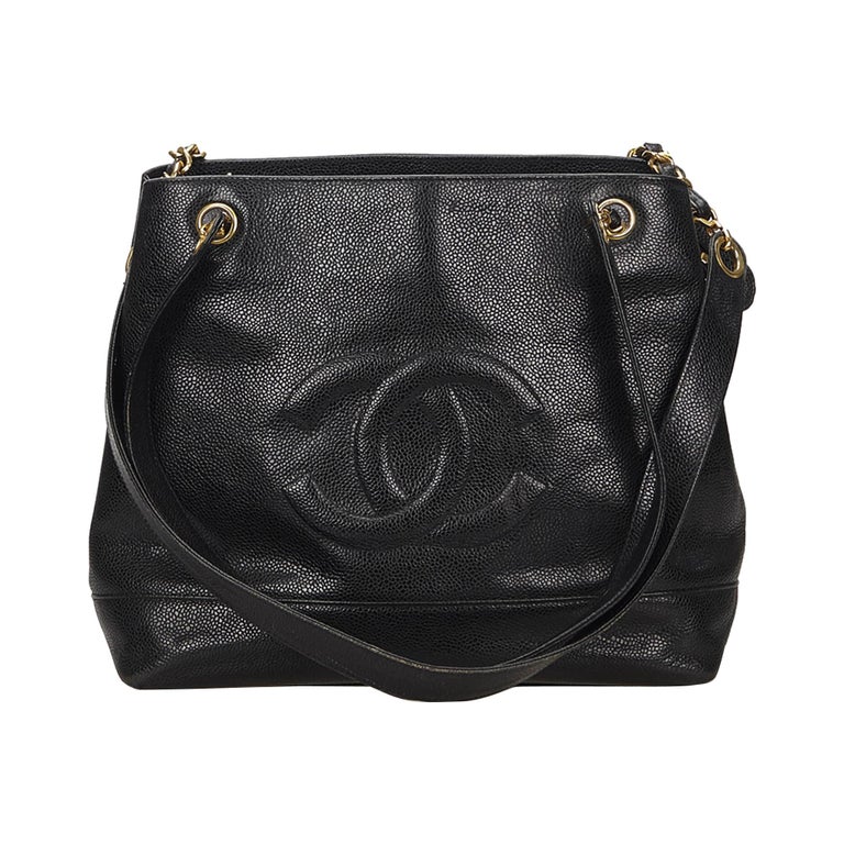 Vintage Authentic Chanel Black Caviar Leather CC Shoulder Bag France