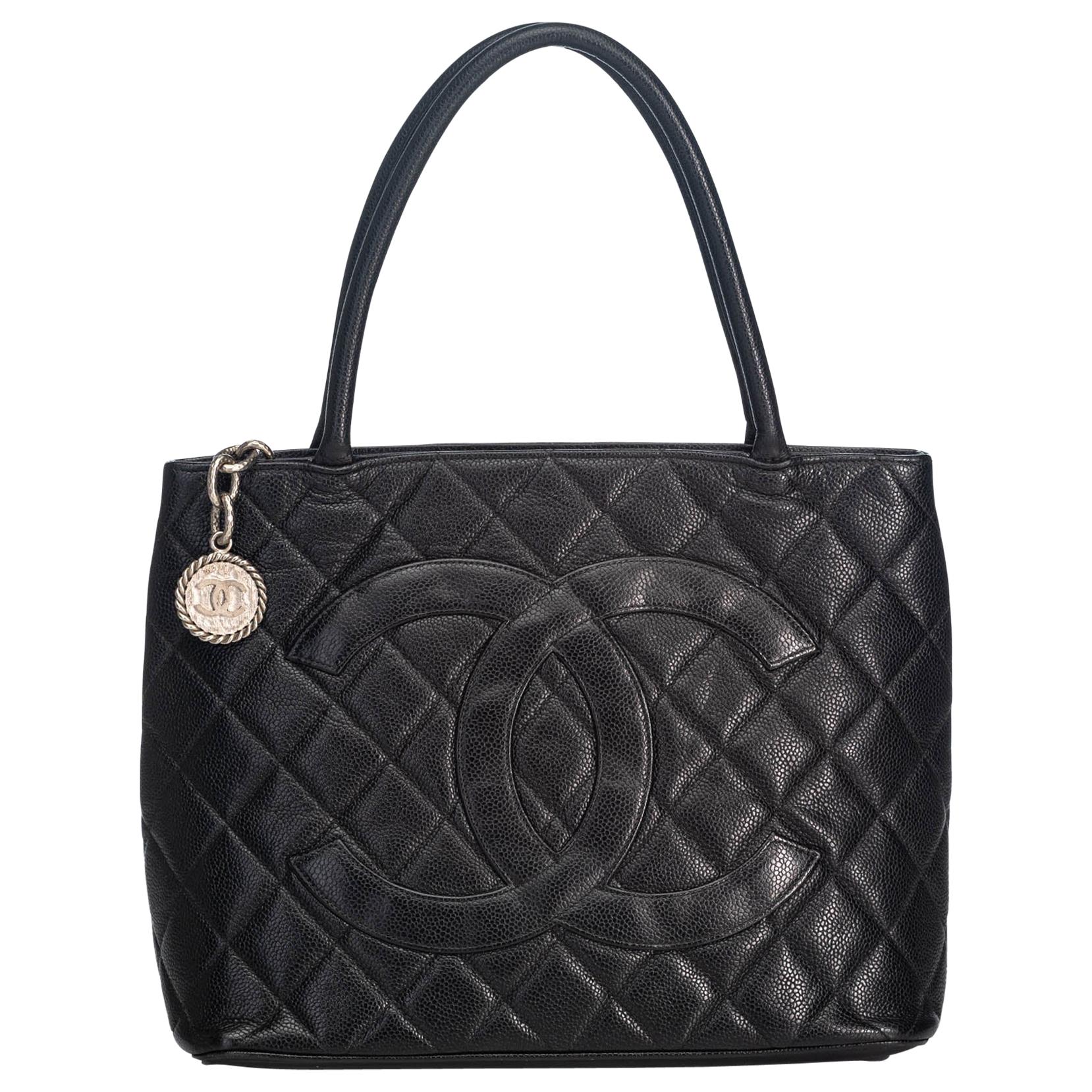Vintage Authentic Chanel Black Caviar Leather Medallion Tote FRANCE LARGE  For Sale