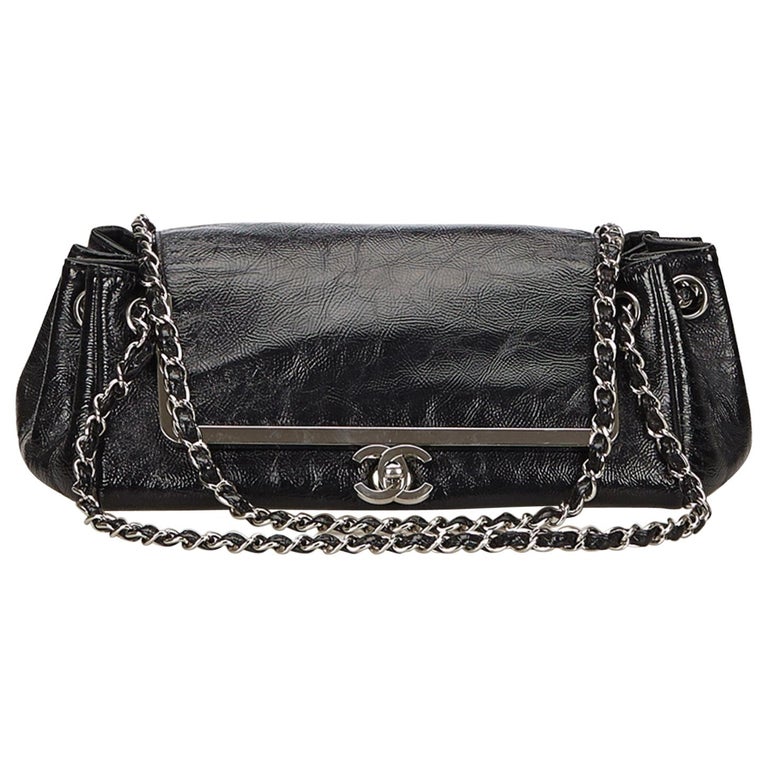 Vintage Authentic Chanel Black Leather Chain Flap Bag France MEDIUM For Sale at 1stdibs