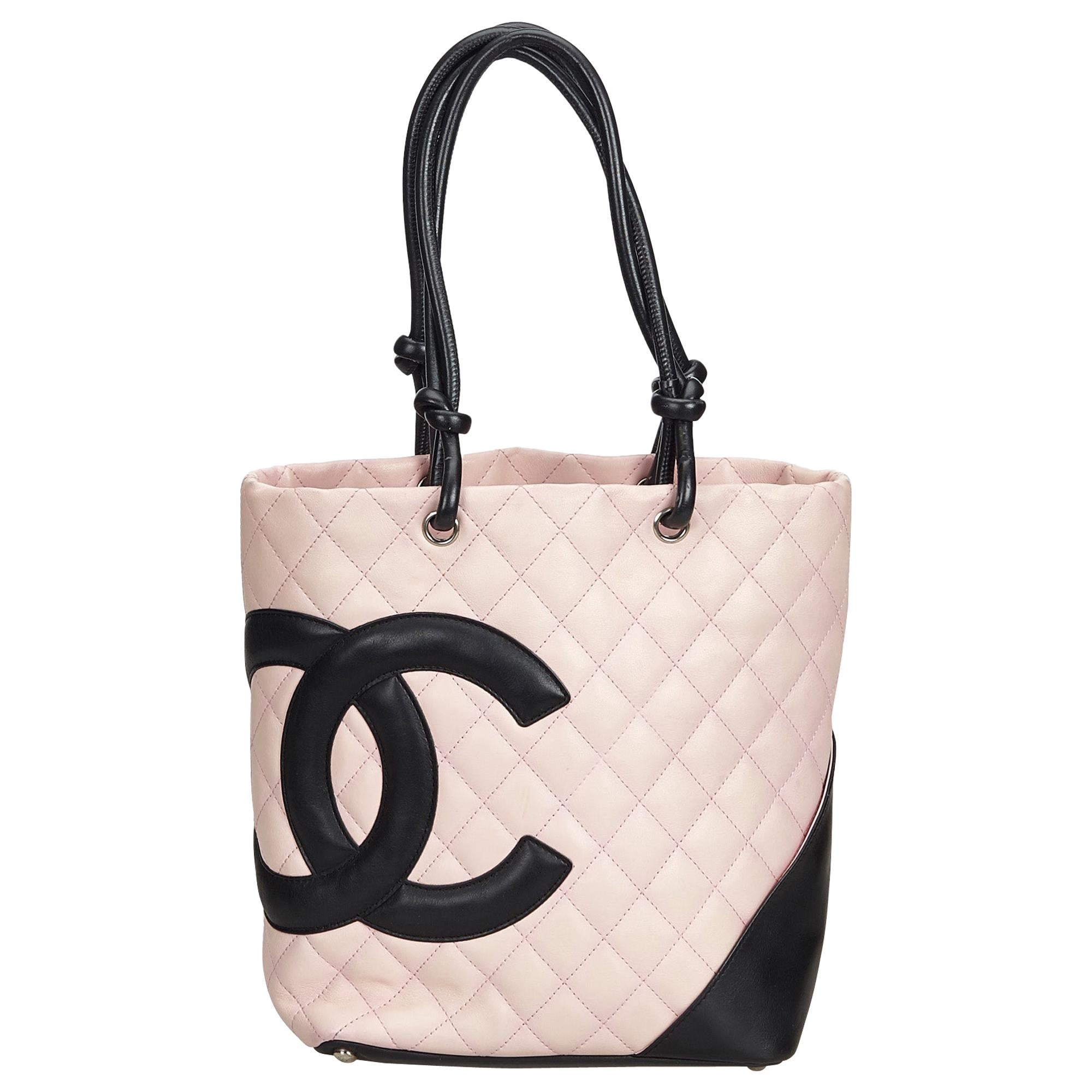Vintage Authentic Chanel Pink Lambskin Leather Cambon Ligne Tote Italy LARGE  For Sale