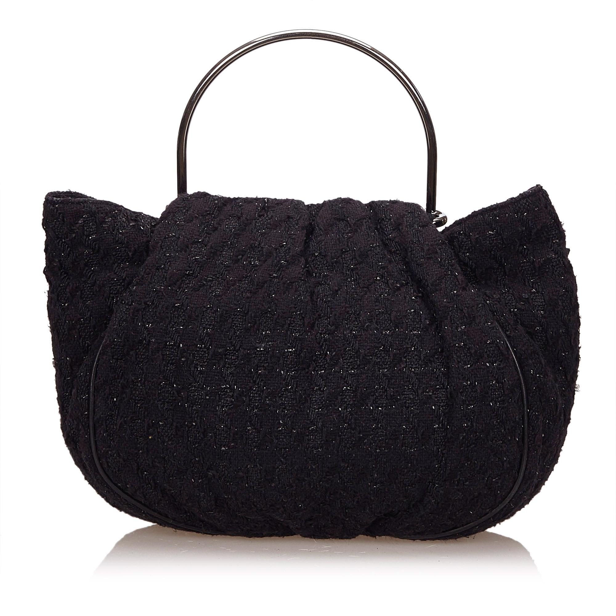 Black Vintage Authentic Chanel Tweed Boucle Knitting Handbag France w Dust Bag LARGE  For Sale