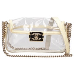 Vintage Authentic Chanel White Vinyl Plastic Clear Chain Boy ITALY SMALL