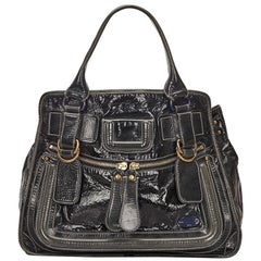 Vintage Authentic Chloe Black Dark Patent Leather Bay Handbag France LARGE 