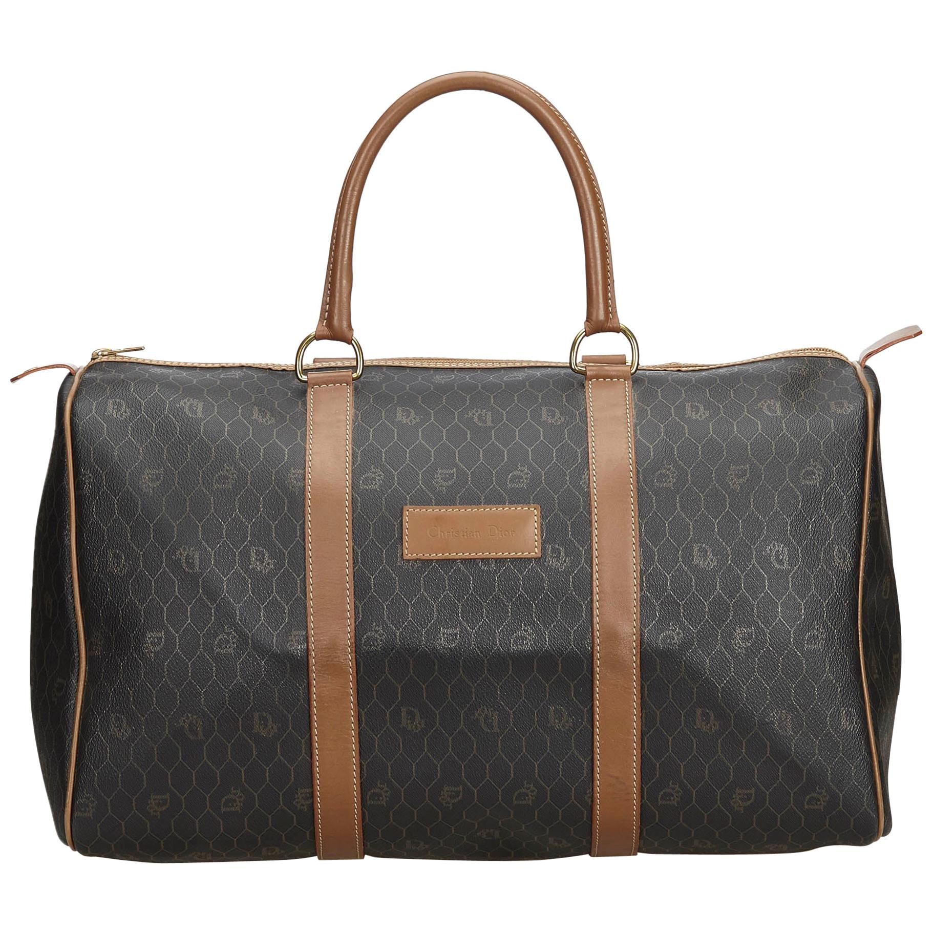 Vintage Authentic Dior Black Leather Duffle Bag France LARGE