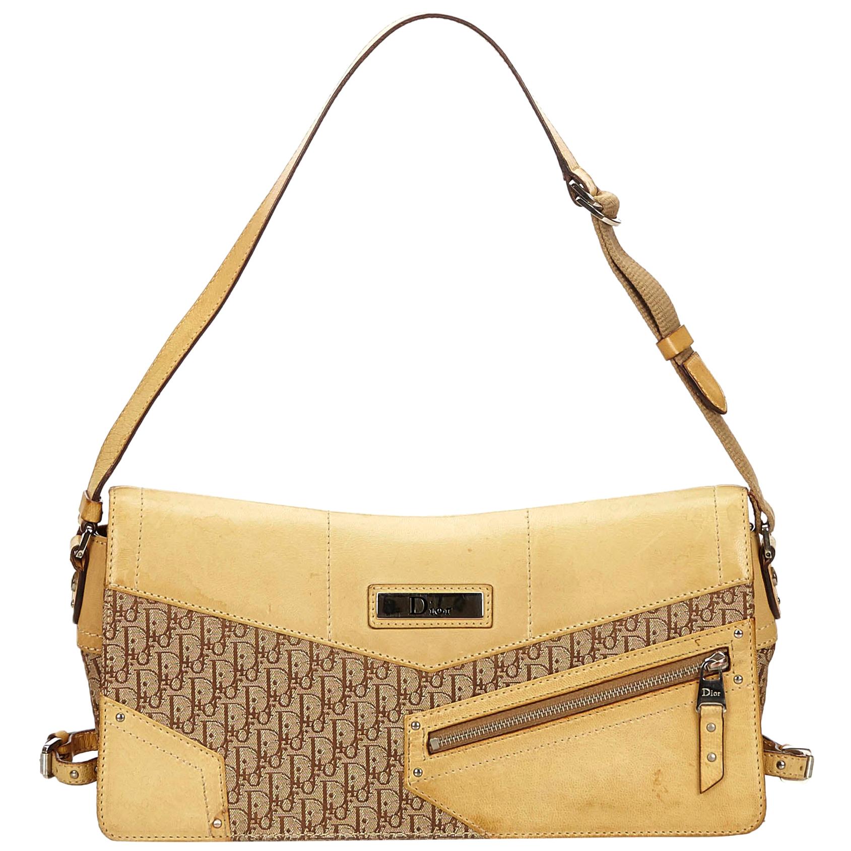 Vintage Authentic Dior Brown Canvas Fabric Oblique Shoulder Bag Italy MEDIUM 