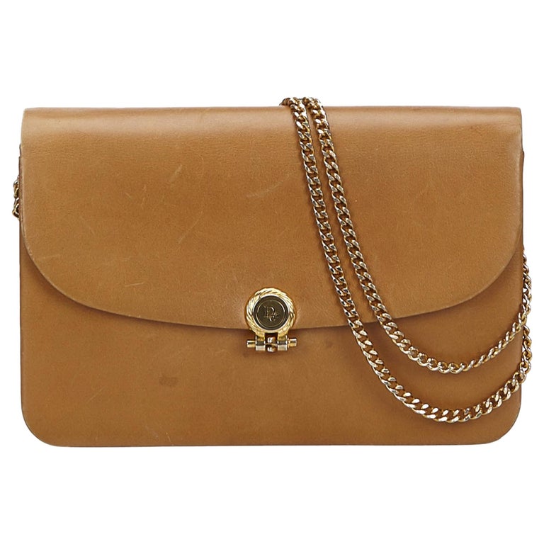 Vintage Authentic Dior Brown Leather Chain Crossbody Bag France SMALL