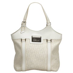 Vintage Authentic Dior White Canvas Fabric Dior Oblique Tote Bag France LARGE 