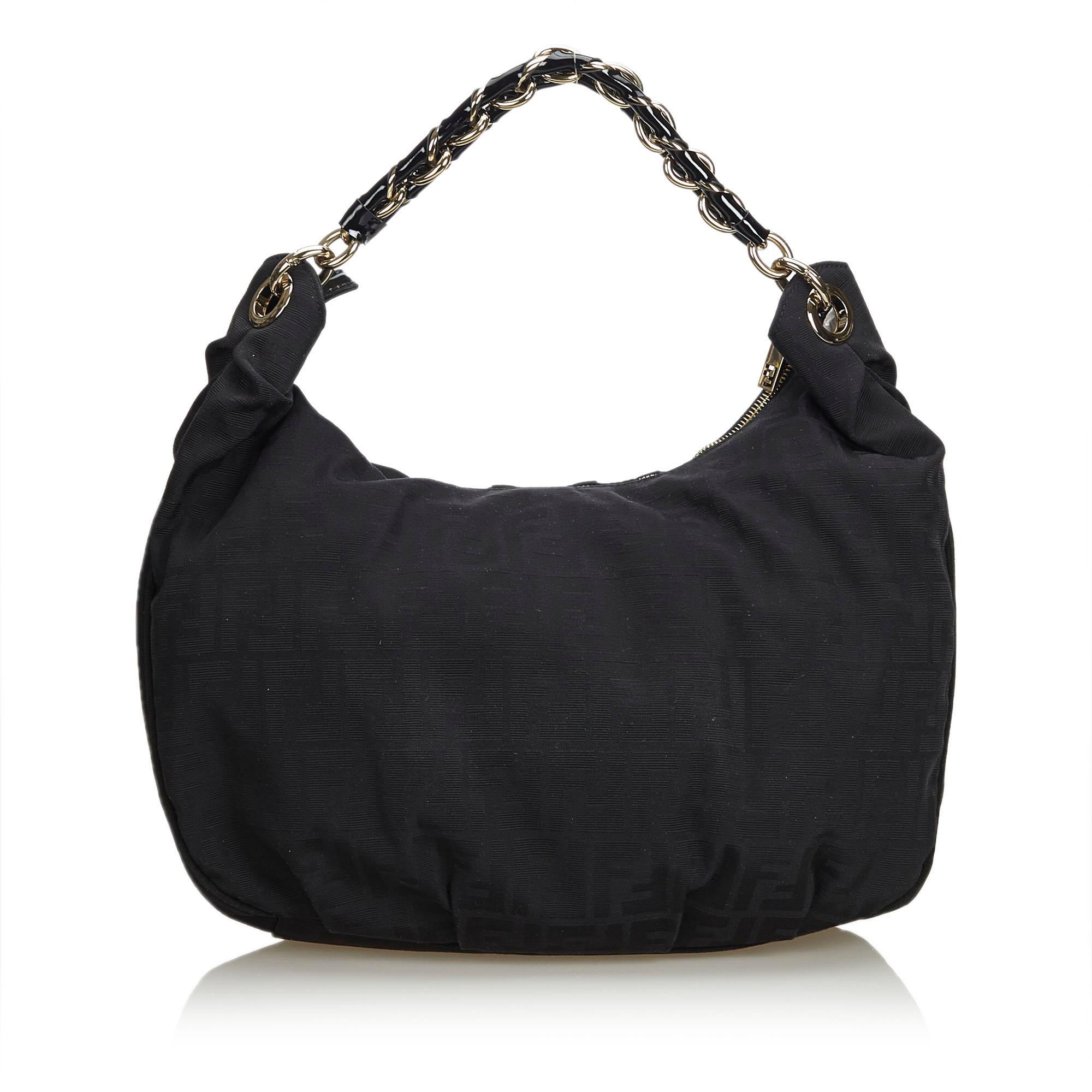 Vintage Authentic Fendi Black Canvas Fabric Zucca Mia Hobo Bag Italy LARGE  In Good Condition For Sale In Orlando, FL
