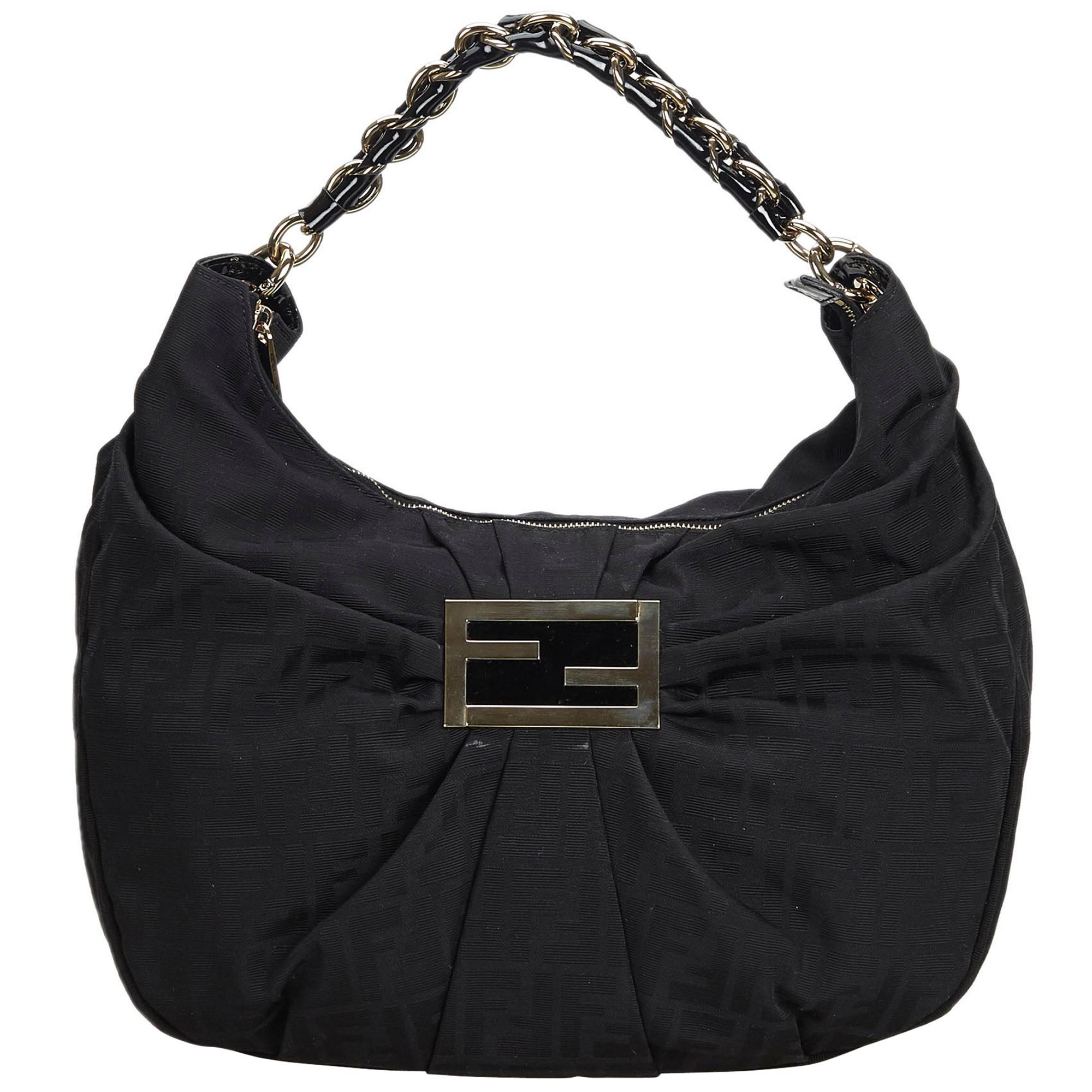 Vintage Authentic Fendi Black Canvas Fabric Zucca Mia Hobo Bag Italy LARGE  For Sale