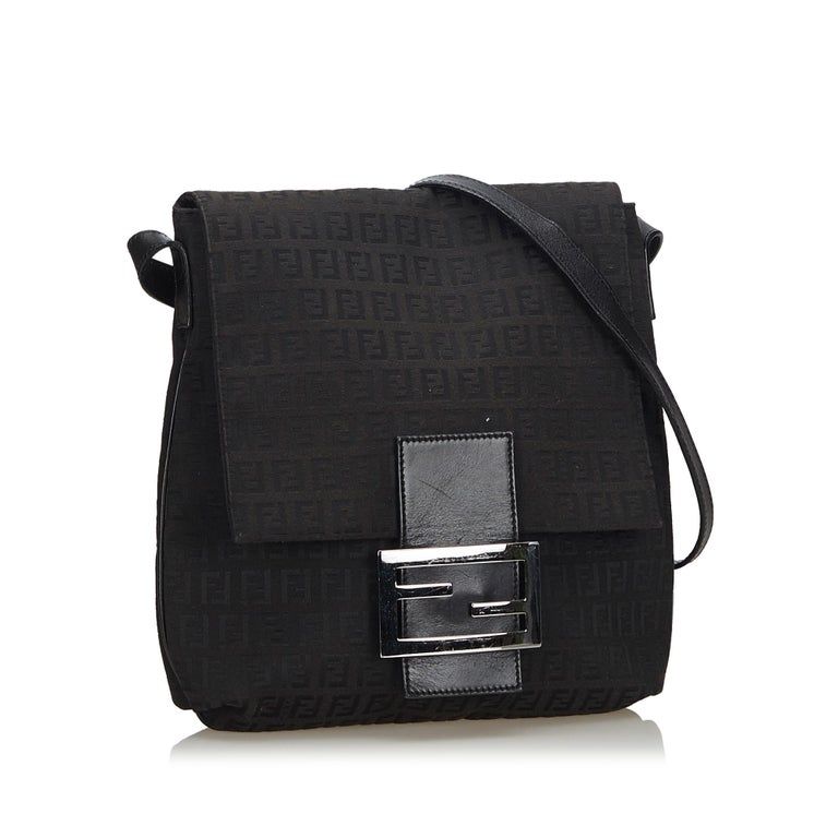 Vintage Authentic Fendi Black Canvas Fabric Zucchino Crossbody Bag