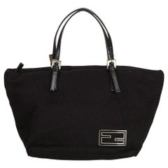 Vintage Authentic Fendi Black Cotton Fabric Tote Italy w/ Dust Bag SMALL