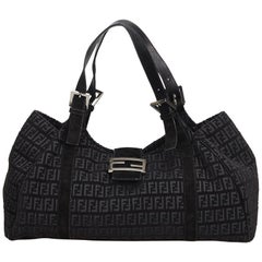 Vintage Authentic Fendi Black Jacquard Fabric Zucchino Shoulder Bag Italy LARGE