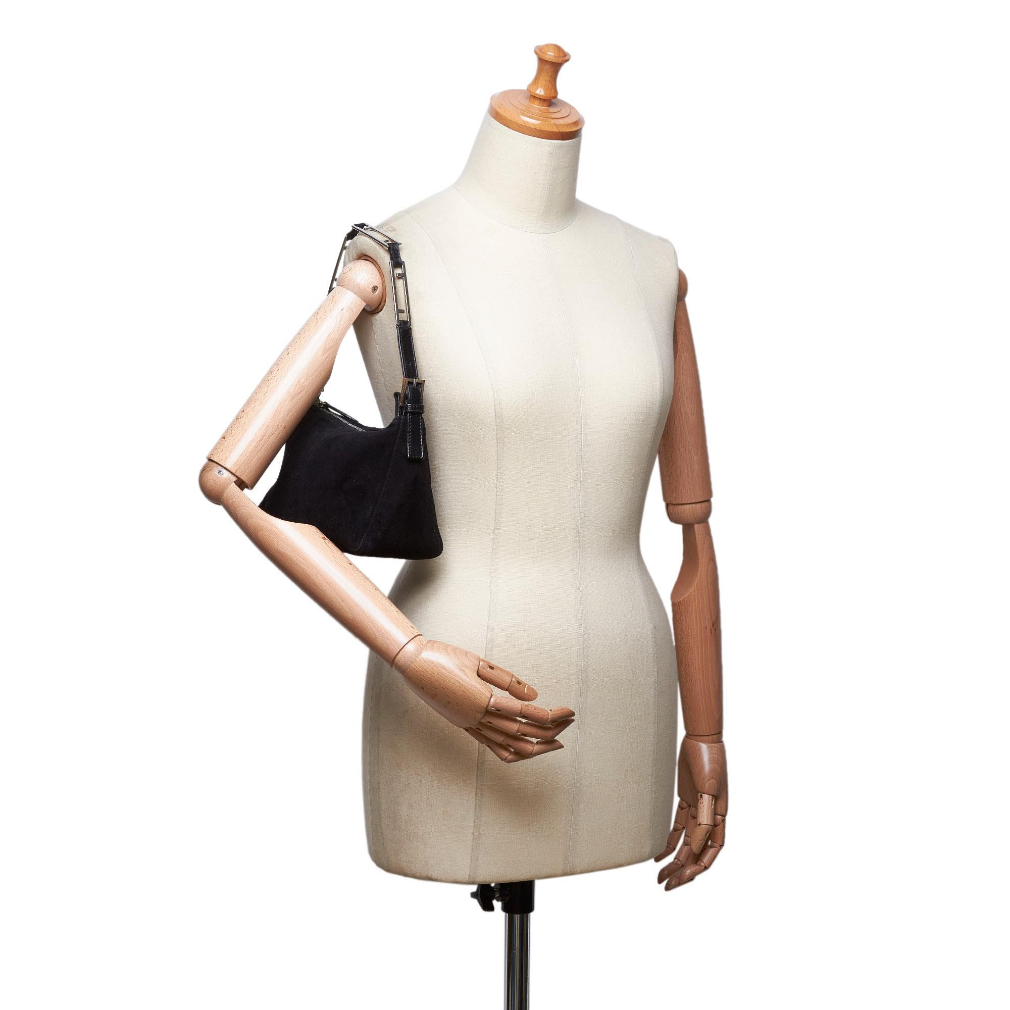 Vintage Authentic Fendi Black Suede Leather Metal Baguette Italy SMALL 7