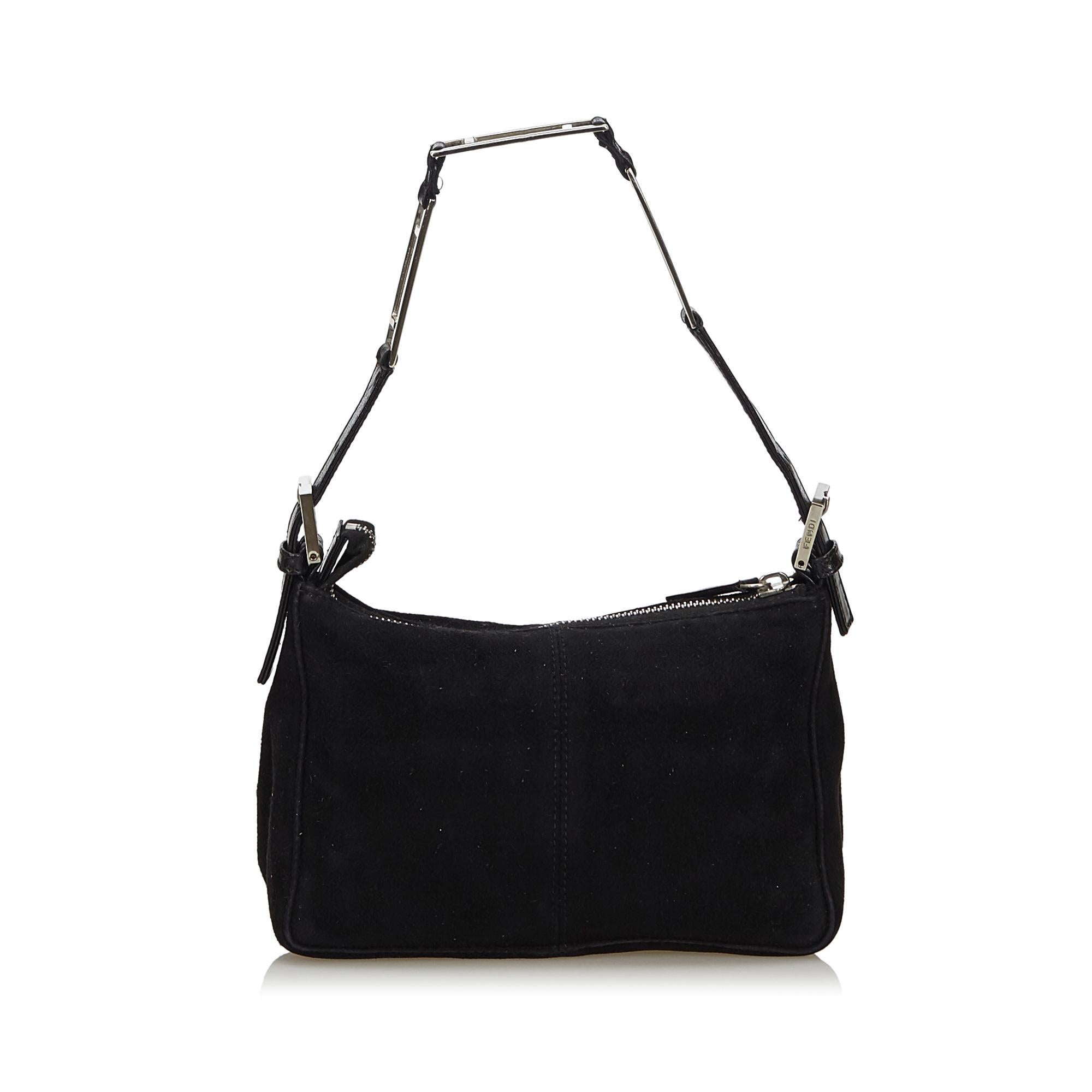Vintage Authentic Fendi Black Suede Leather Metal Baguette Italy SMALL In Good Condition In Orlando, FL