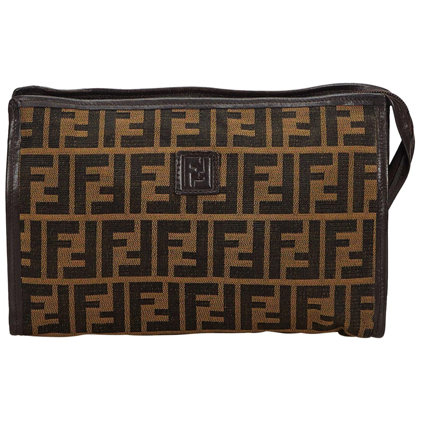 Vintage Authentic Fendi Brown Canvas Fabric Zucca Clutch Bag Italy SMALL 
