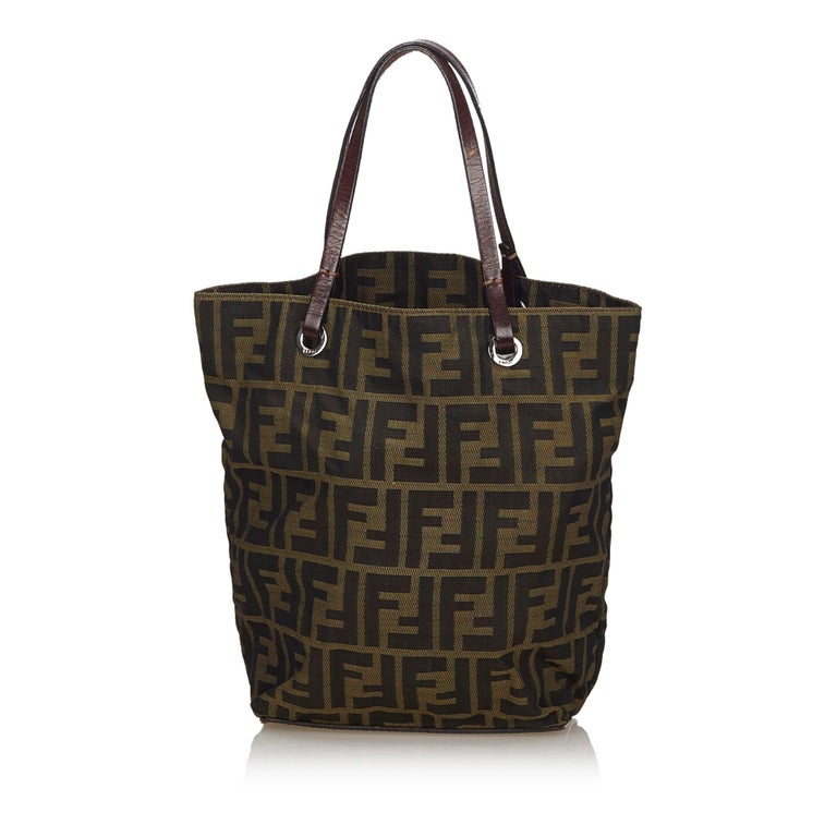 Vintage Authentic Fendi Brown Canvas Fabric Zucca Tote Bag Italy LARGE For Sale at 1stdibs