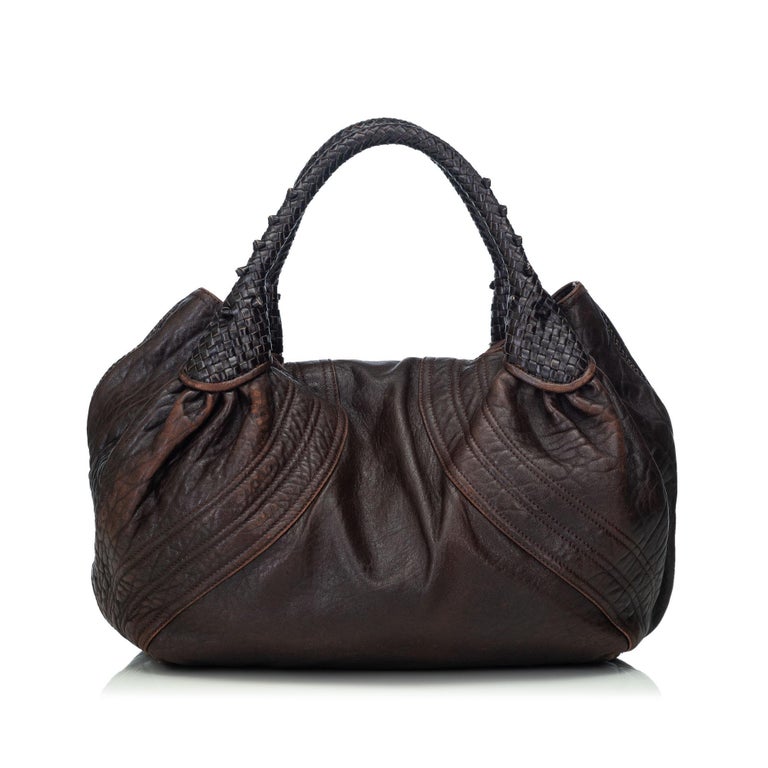 Vintage Authentic Fendi Brown Dark Brown Leather Spy Handbag Italy LARGE For Sale at 1stdibs