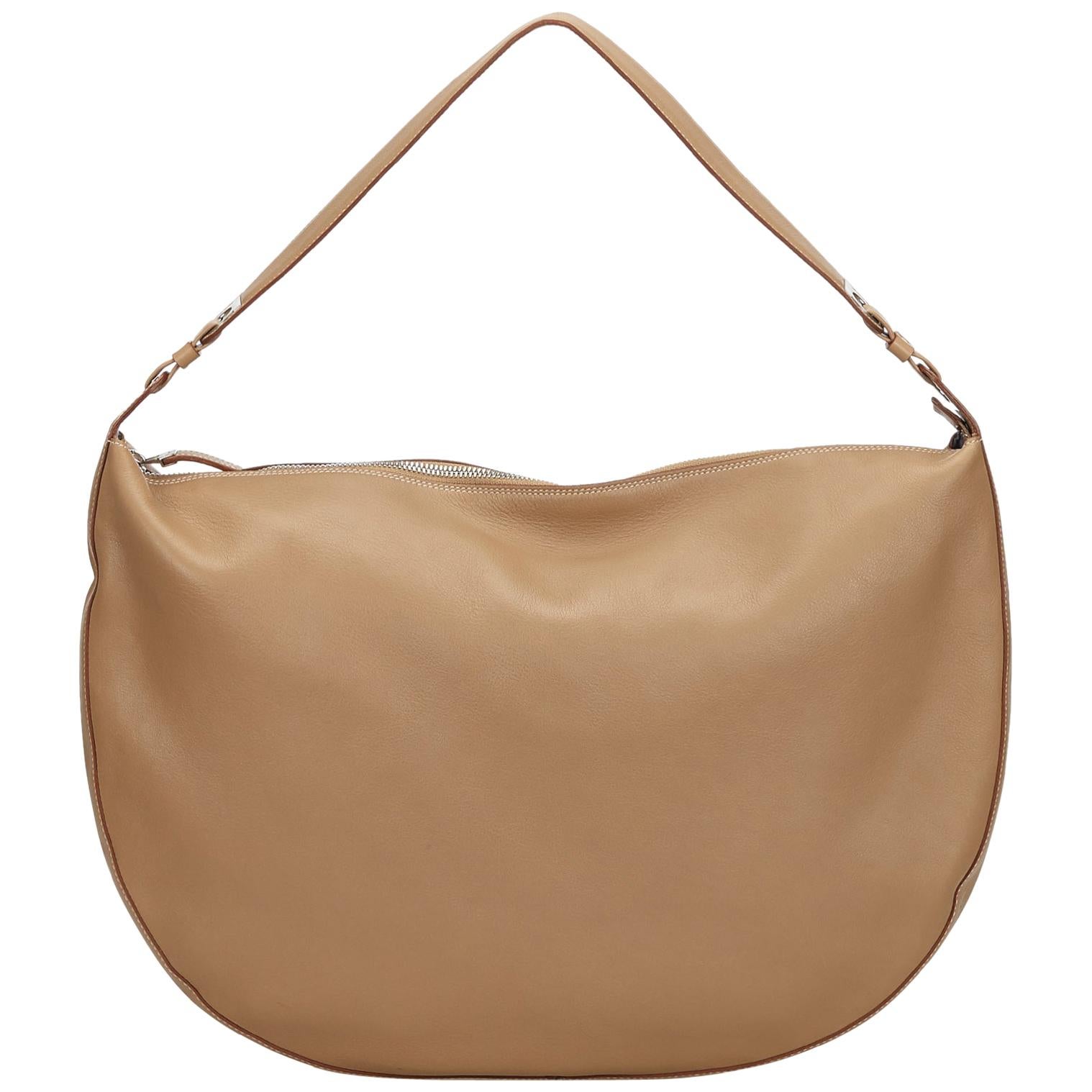 Vintage Authentic Ferragamo Brown Leather Shoulder Bag Italy w Dust Bag LARGE  For Sale