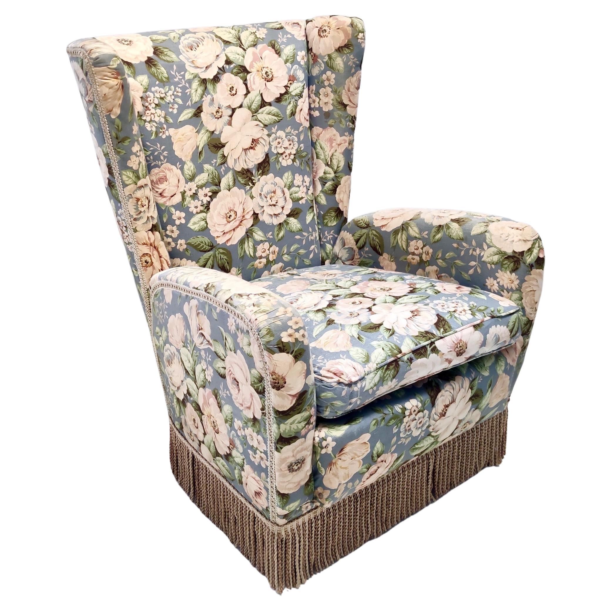 Vintage Authentic Floral Fabric Wingback Armchair by Paolo Buffa, Italy For Sale