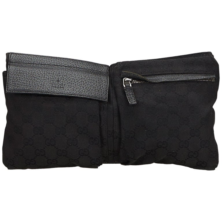 Vintage Authentic Gucci Black Canvas Fabric GG Belt Bag Italy w Dust Bag SMALL at 1stdibs