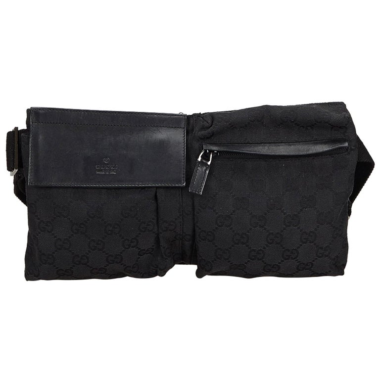 Vintage Authentic Gucci Black Canvas Fabric GG Belt Bag Italy w Dust Bag SMALL For Sale at 1stdibs