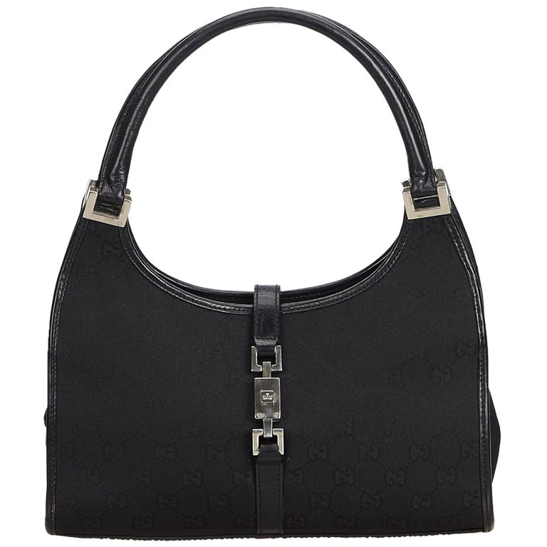 Vintage Authentic Gucci Black Canvas Fabric GG Jackie Handbag Italy MEDIUM For Sale at 1stDibs