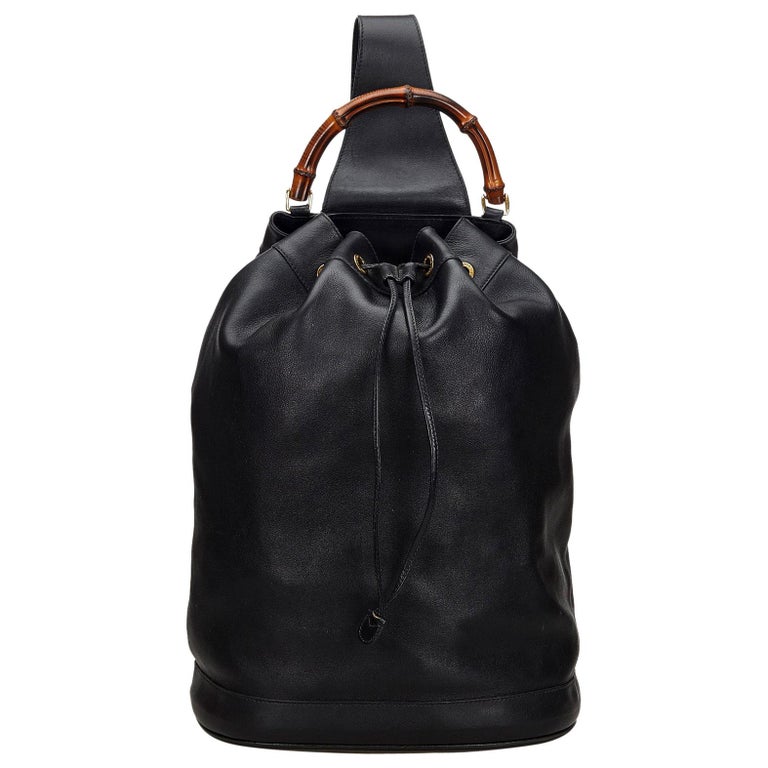 Vintage Authentic Gucci Black Leather Bamboo Drawstring Backpack Italy ...