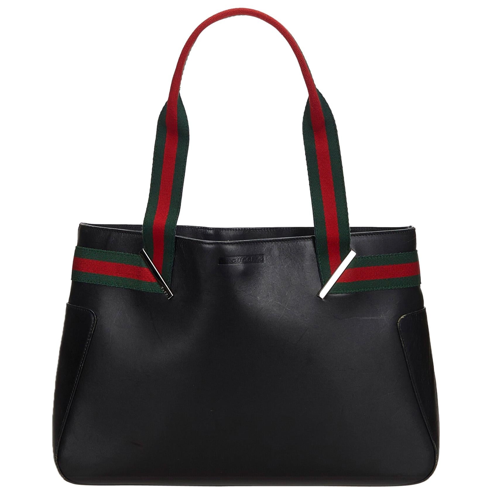 Vintage Authentic Gucci Black Leather Web Tote Bag Italy w Dust Bag LARGE  For Sale