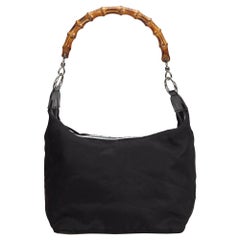 Vintage Authentic Gucci Black Nylon Fabric Bamboo Handbag Italy LARGE