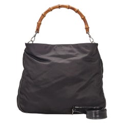 Vintage Authentic Gucci Black Nylon Fabric Bamboo Satchel ITALY LARGE
