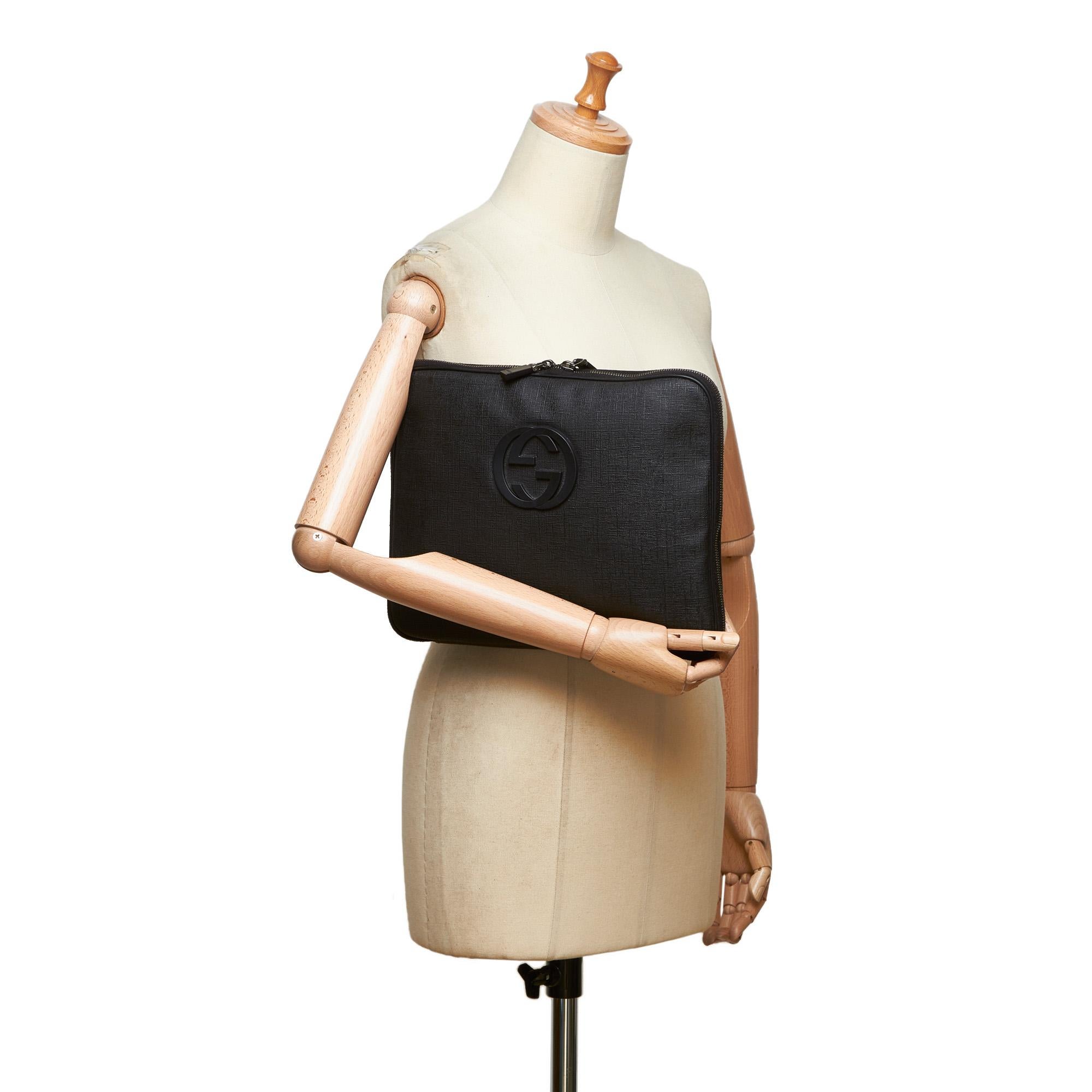 Vintage Authentic Gucci Black PVC Plastic Double G Laptop Bag Italy MEDIUM  For Sale 5