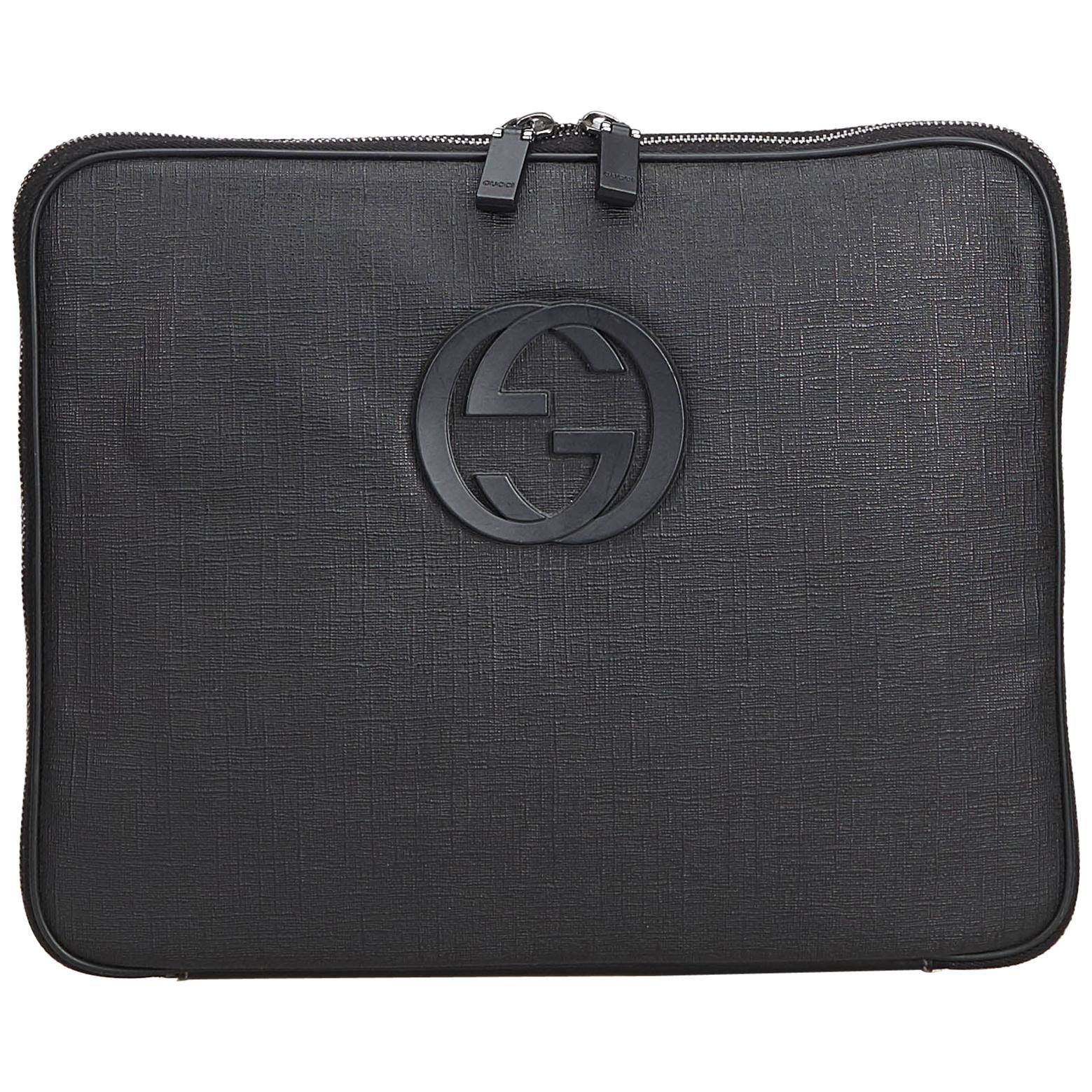 Vintage Authentic Gucci Black PVC Plastic Double G Laptop Bag Italy MEDIUM  For Sale