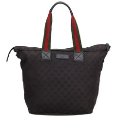 Vintage Authentic Gucci Black with Multi Canvas Fabric GG Web Tote Italy LARGE