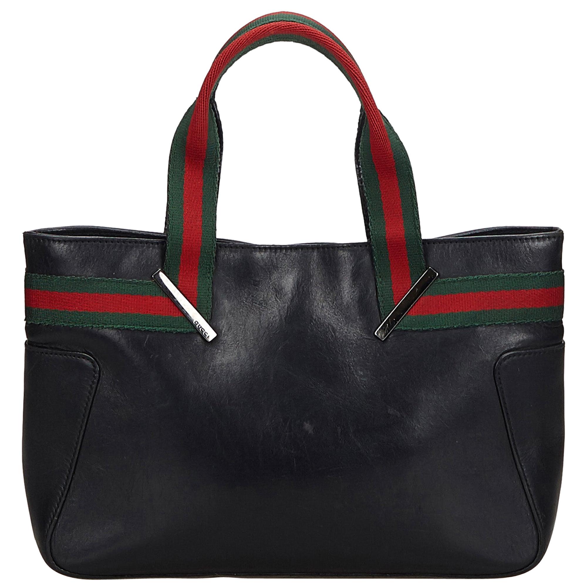 Vintage Authentic Gucci Black with Multi Leather Web Hanbag Italy MEDIUM  For Sale