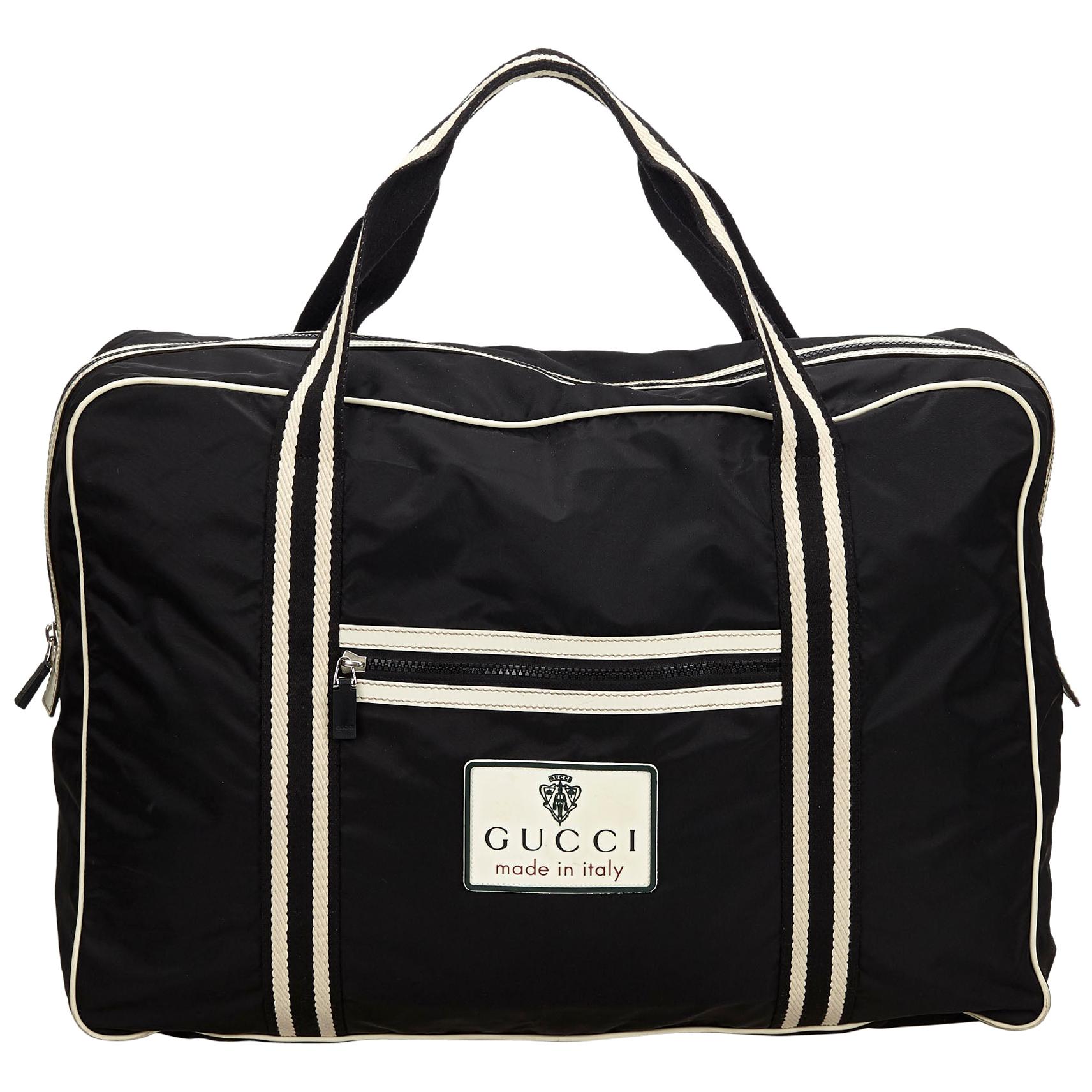 Vintage Authentic Gucci Black with White Nylon Fabric Travel Bag Italy LARGE  For Sale