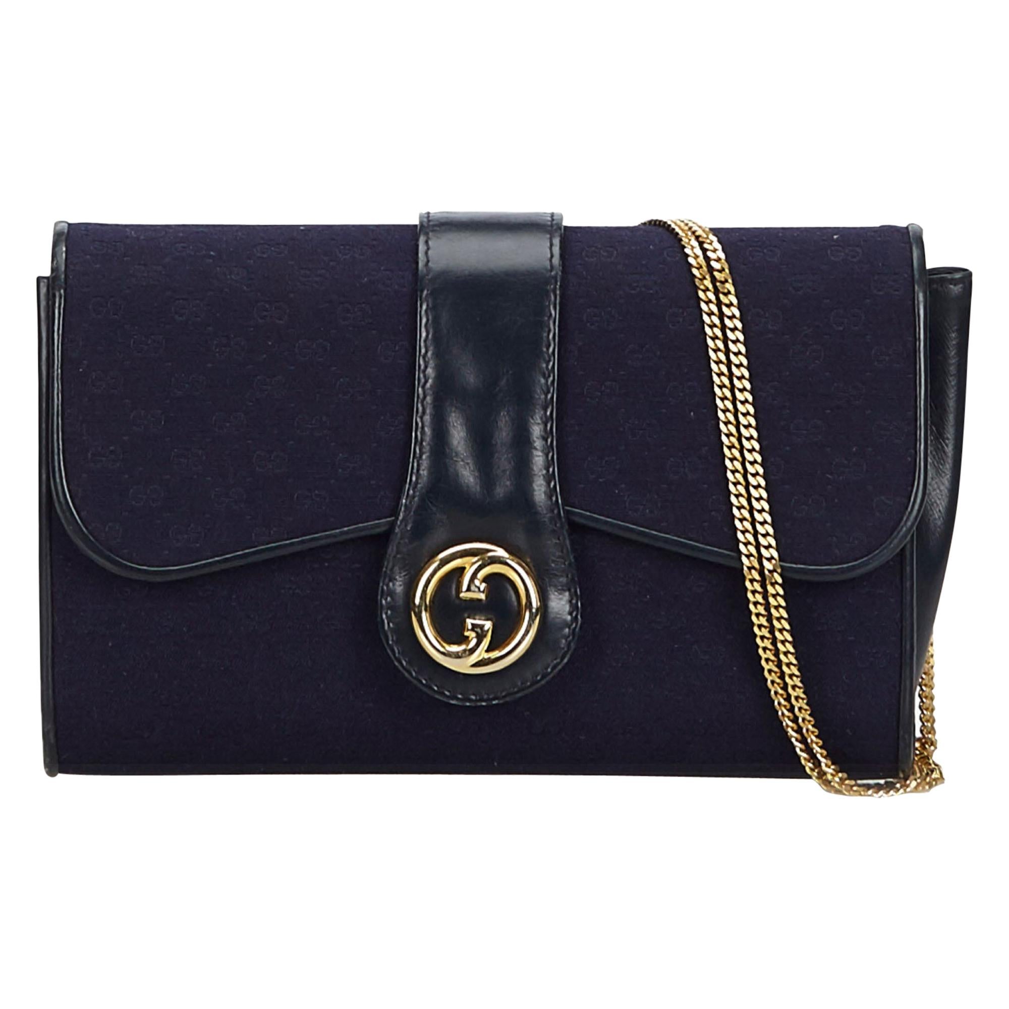 Vintage Authentic Gucci Blue Canvas Fabric GG Chain Shoulder Bag Italy SMALL