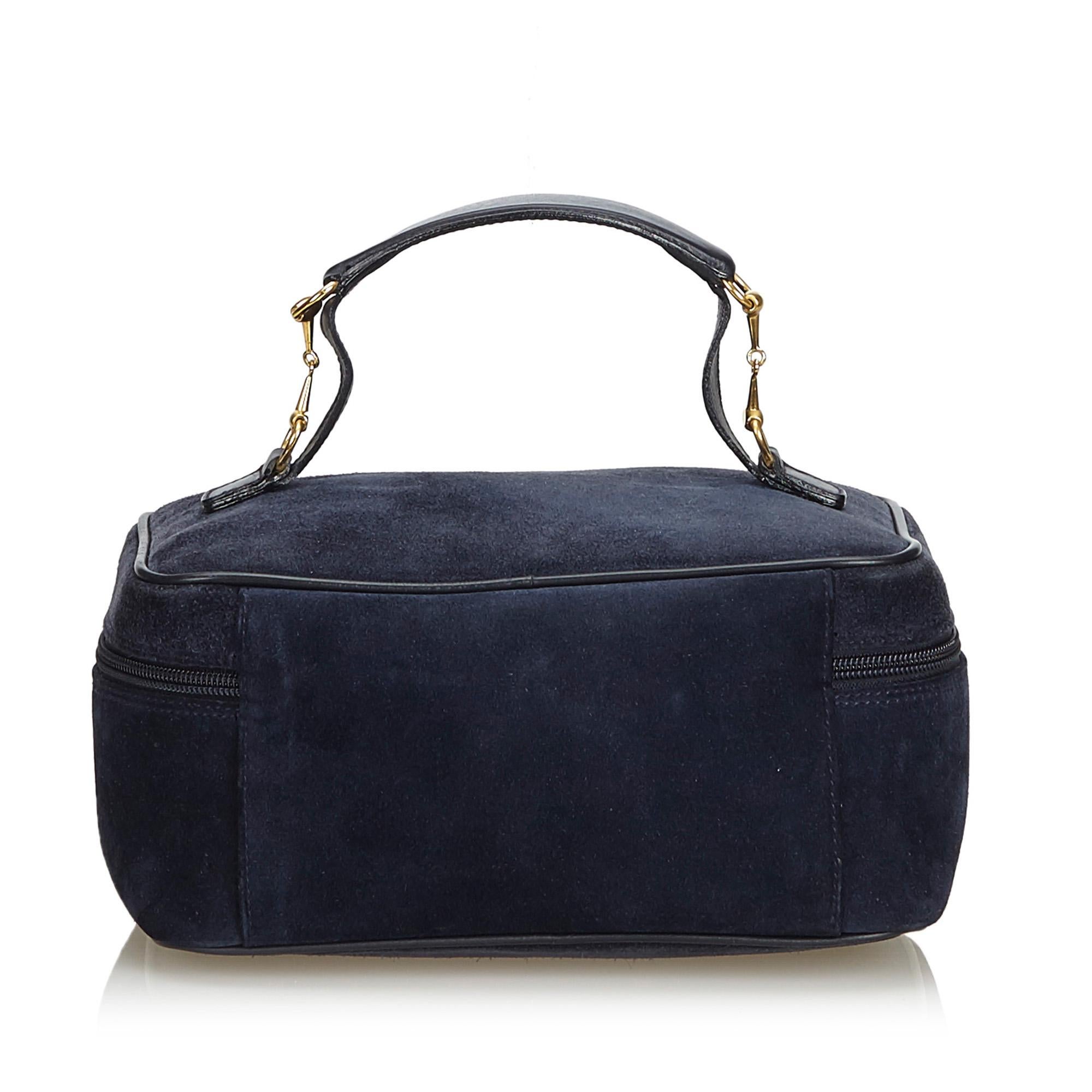 Black Vintage Authentic Gucci Blue Navy Suede Leather Horsebit Vanity Bag ITALY SMALL  For Sale