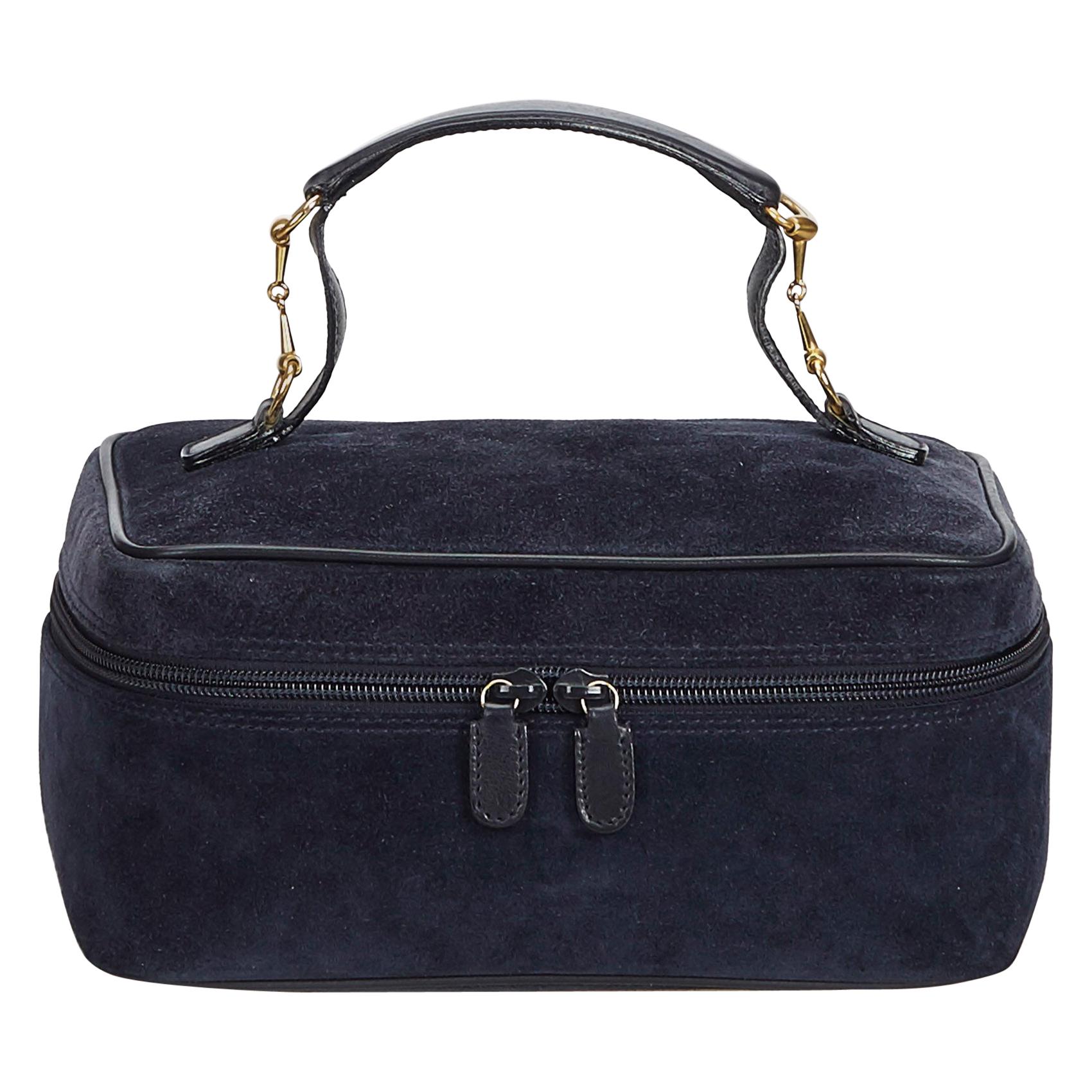 Vintage Authentic Gucci Blue Navy Suede Leather Horsebit Vanity Bag ITALY SMALL  For Sale