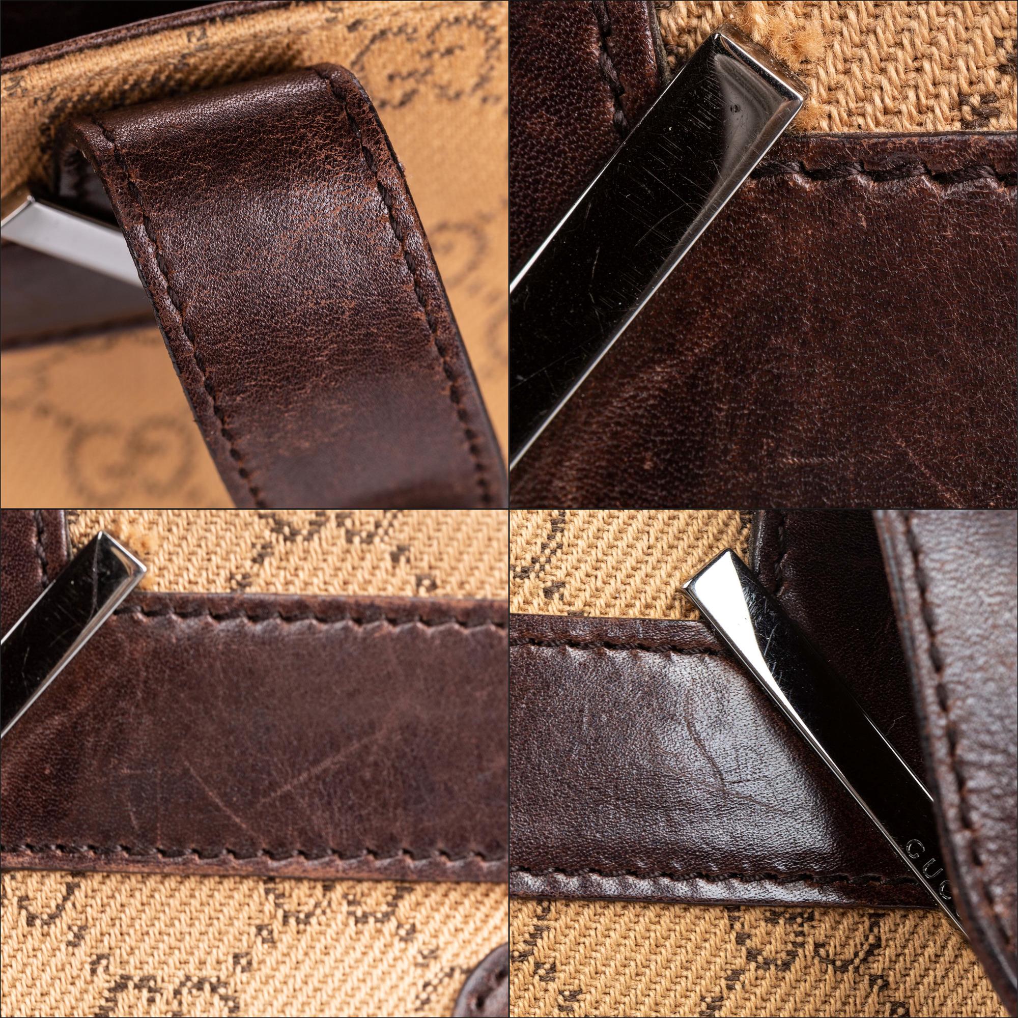Vintage Authentic Gucci Brown Beige Canvas Fabric GG Handbag ITALY MEDIUM  10