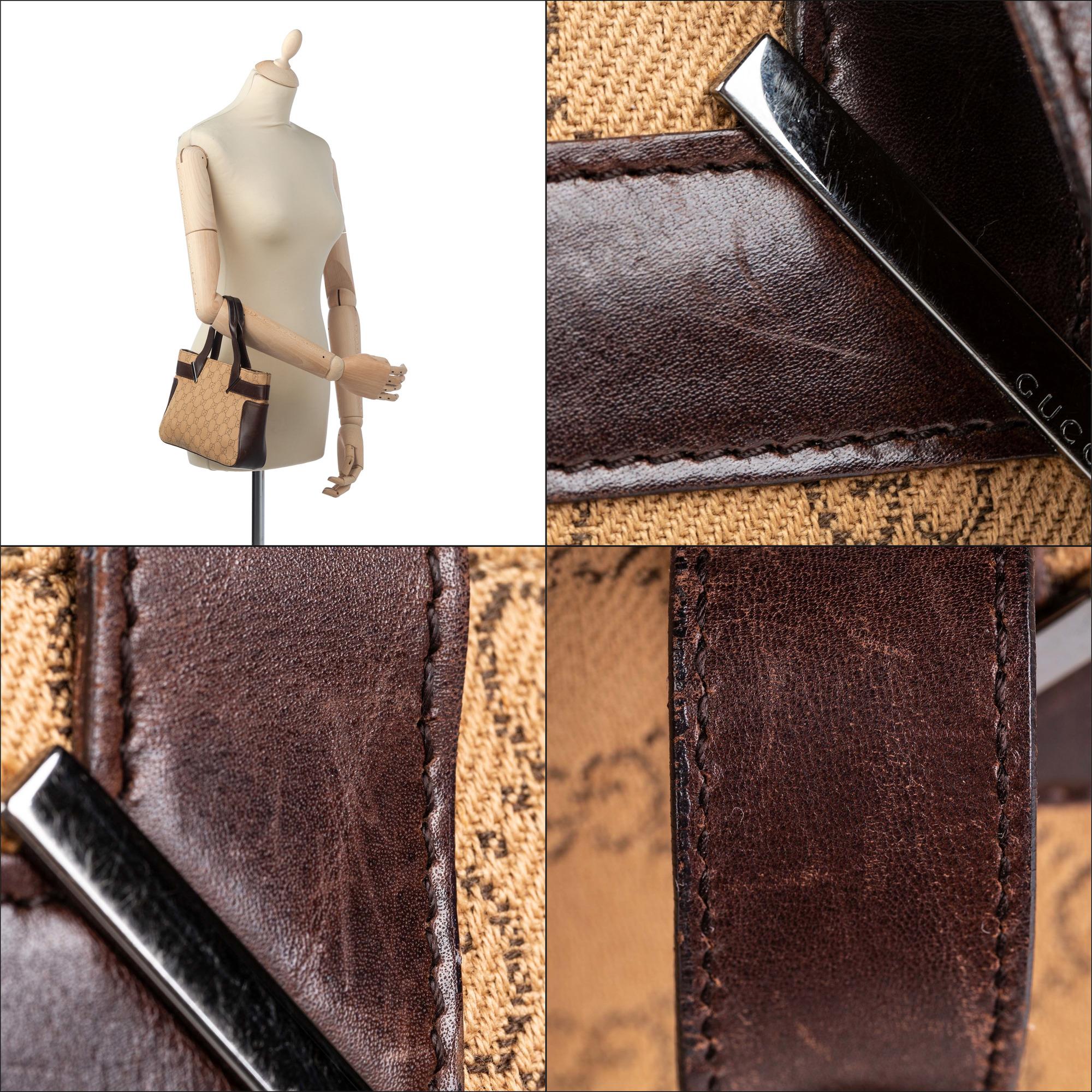 Vintage Authentic Gucci Brown Beige Canvas Fabric GG Handbag ITALY MEDIUM  11