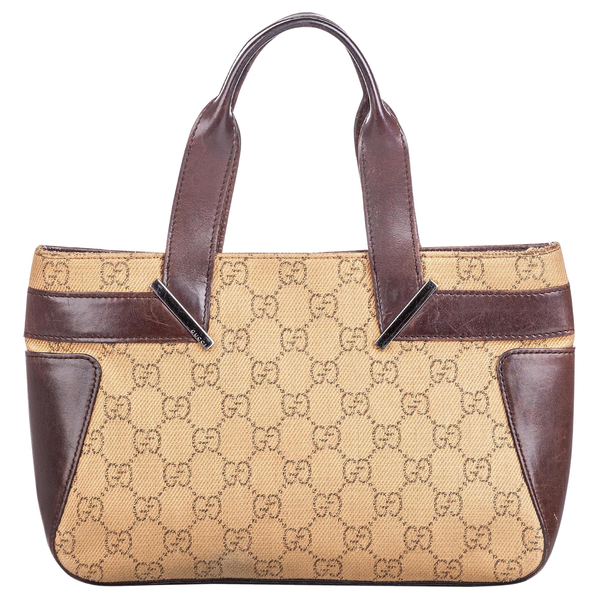 Vintage Authentic Gucci Brown Beige Canvas Fabric GG Handbag ITALY MEDIUM 